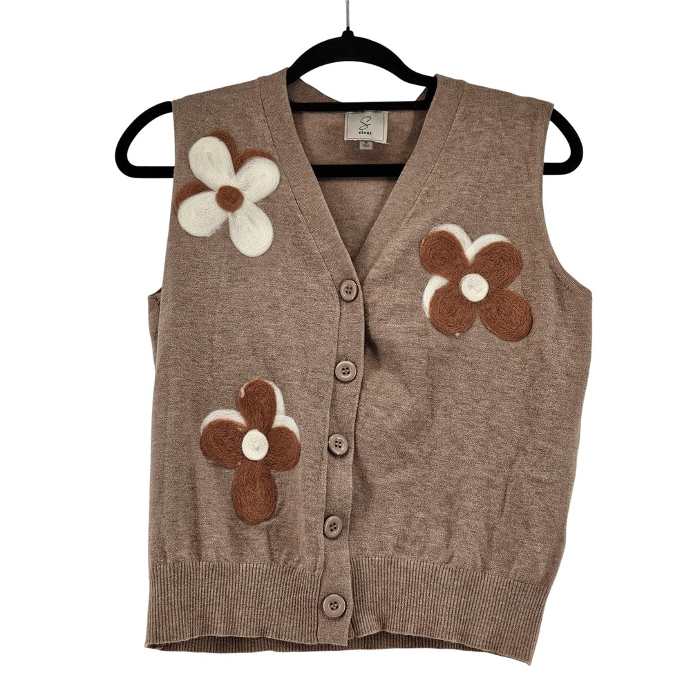 Sioni Tan Felted Floral Applique Sweater Vest Small Artsy Whimsy Cottage Fairy